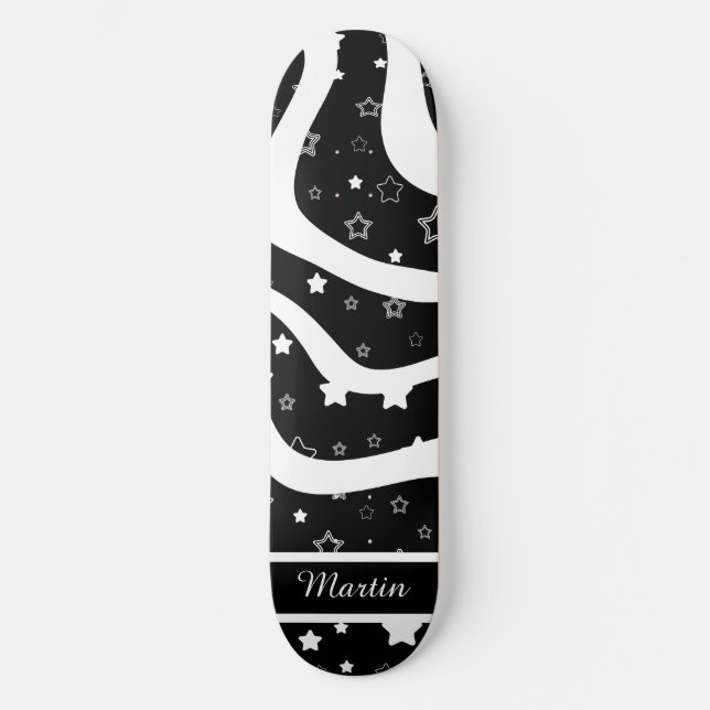 Black &white stars on lines custom name skateboard (Front)