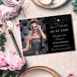 Black white stars photo elegant birthday party save the date<br><div class="desc">A photo Save the date for a 30th (or any age) birthday
On front: Add a vertical size photo. A classic black background colour,  decorated with stars. Personalise and add a name and details.  White letters.</div>
