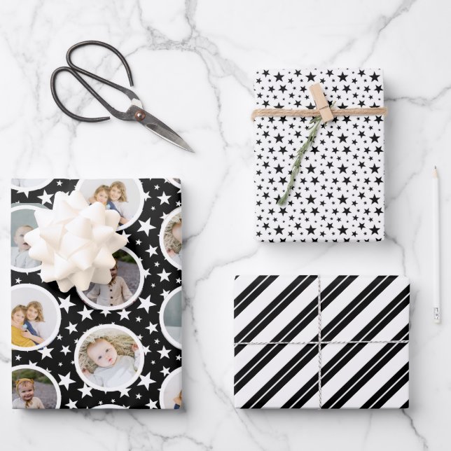 Black White Stars Stripes Photo Collage Christmas Wrapping Paper Sheet (Front)
