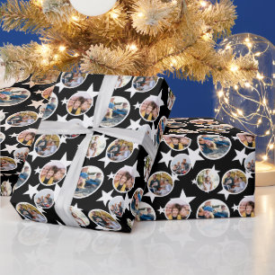 Black White Stars Stripes Round Photos Christmas Wrapping Paper