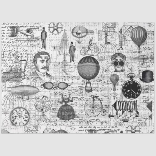 Black & White Steampunk & Script Tissue Paper (Front)