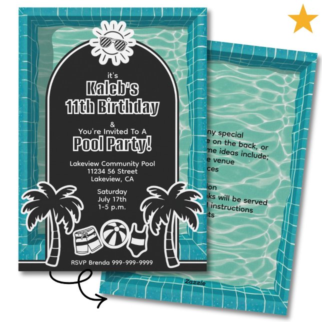 Black White Sticker Pool Party Birthday Invitation (Creator Uploaded)