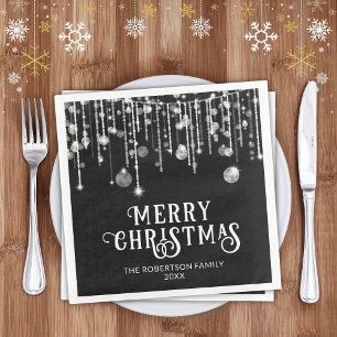Black White String Lights Christmas Party Napkin