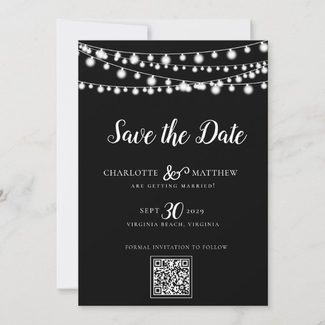 Black White String Lights Modern Script Save the Save The Date (Front)