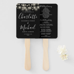 Black White String Lights Script Wedding Program Hand Fan