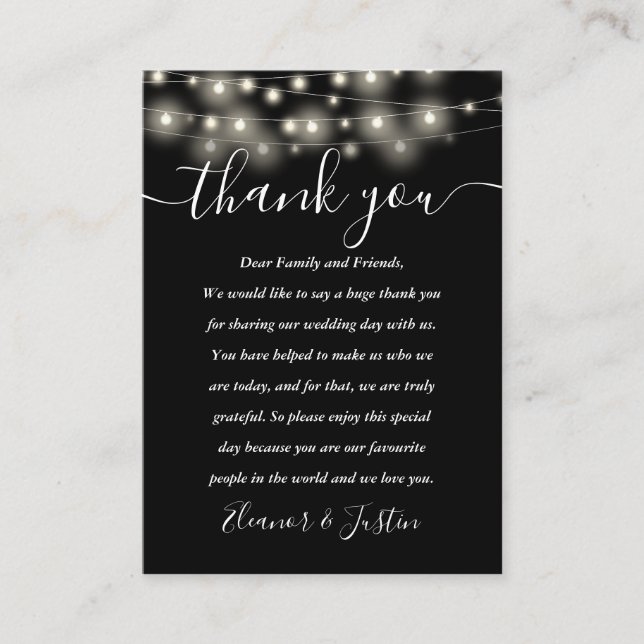 Black White String Lights Wedding Thank You Place  Card (Front)