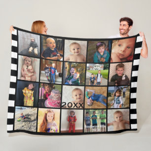 Black White Stripe 20 Photo Collage Family Fleece Blanket