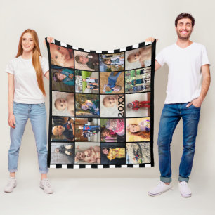 Black White Stripe 20 Photo Collage Family Fleece Blanket