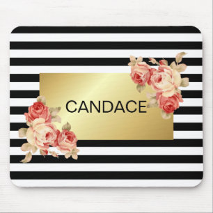 Black & White Stripe and Gold With Vintage Roses Mouse Pad