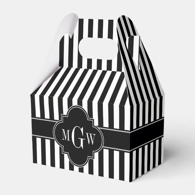 Black White Stripe Black Quatrefoil 3 Monogram Favour Box (Front Side)