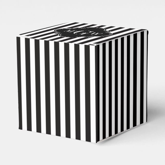 Black White Stripe Black Quatrefoil 3 Monogram Favour Box (Front Side)