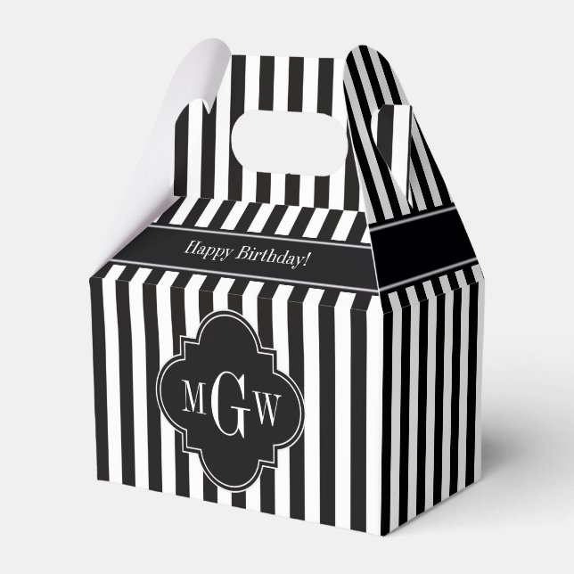 Black White Stripe Black Quatrefoil 3 Monogram Favour Box (Front Side)