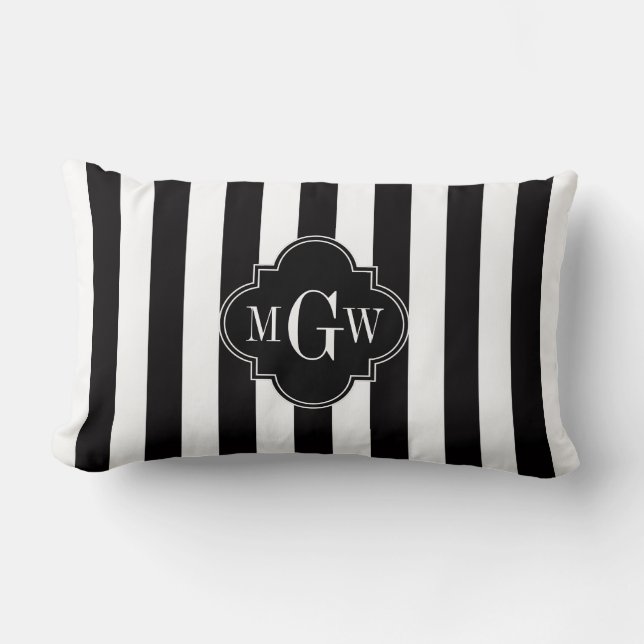 Black White Stripe Black Quatrefoil 3 Monogram Lumbar Cushion (Front)
