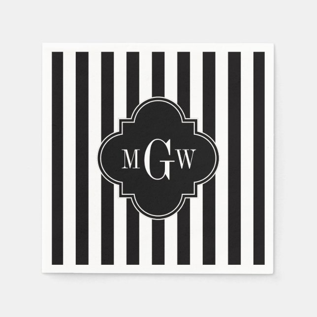 Black White Stripe Black Quatrefoil 3 Monogram Napkin (Front)