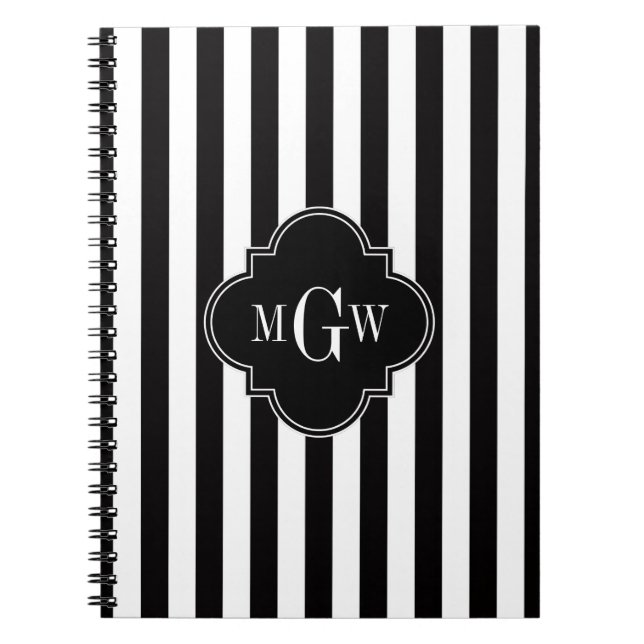 Black White Stripe Black Quatrefoil 3 Monogram Spiral Notebook (Front)