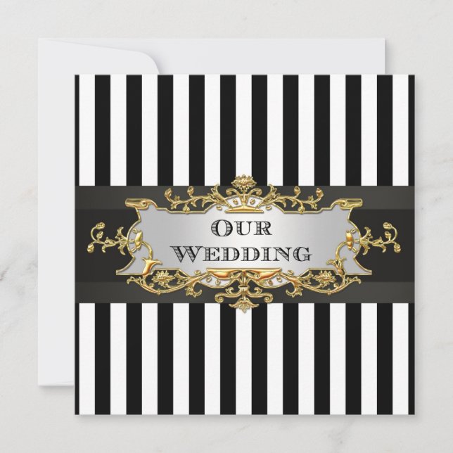 Black White Stripe Black Ribbon Wedding Invite (Front)