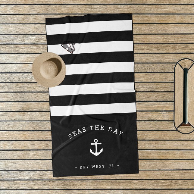 Black & White Stripe Boat Name Beach Towel (Creator Uploaded)