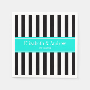 Black White Stripe Brt Aqua Ribbon Name Monogram Napkin