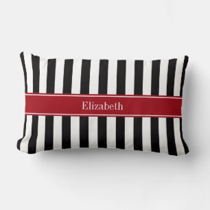 Black White Stripe Cranberry Name Monogram Lumbar Cushion