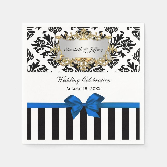 Black White Stripe Damask Blue Ribbon Napkin (Front)