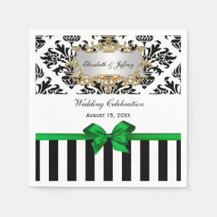 Black White Stripe Damask Emerald Green Ribbon Napkin