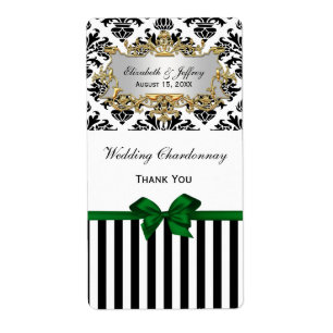 Black White Stripe Damask Forest Green Wine Label