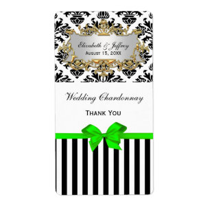 Black White Stripe Damask Lime Party Wine Label