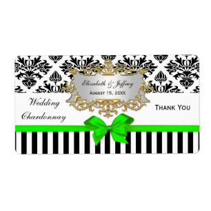 Black White Stripe Damask Lime Party Wine Label