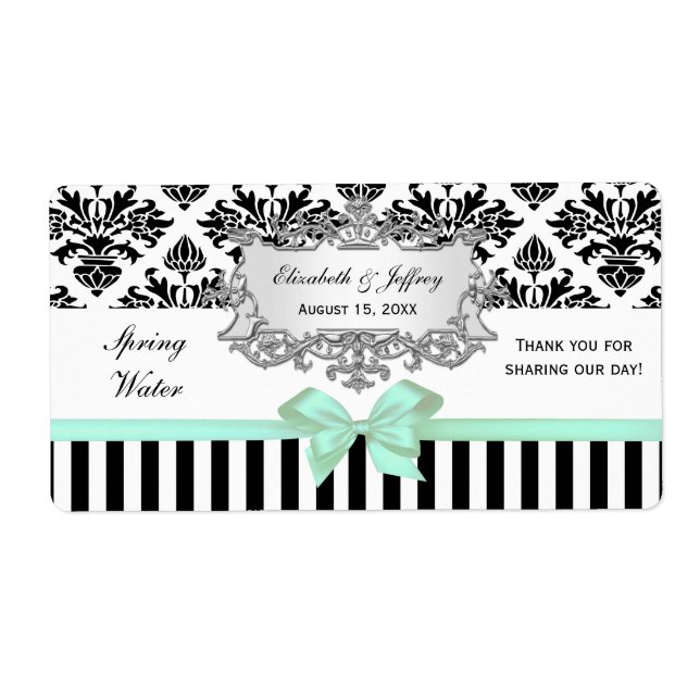 Black White Stripe Damask Mint Water Label Silver (Front)