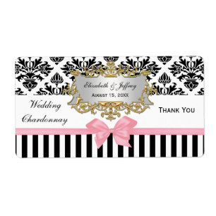 Black White Stripe Damask Pink Party Wine Label