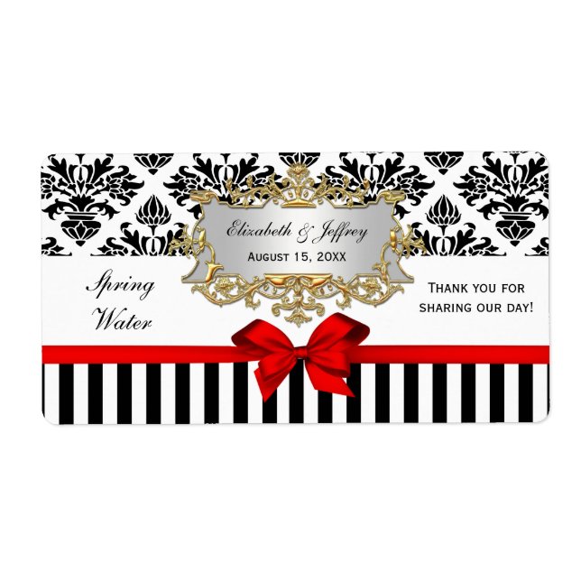 Black White Stripe Damask Red Water Label (Front)