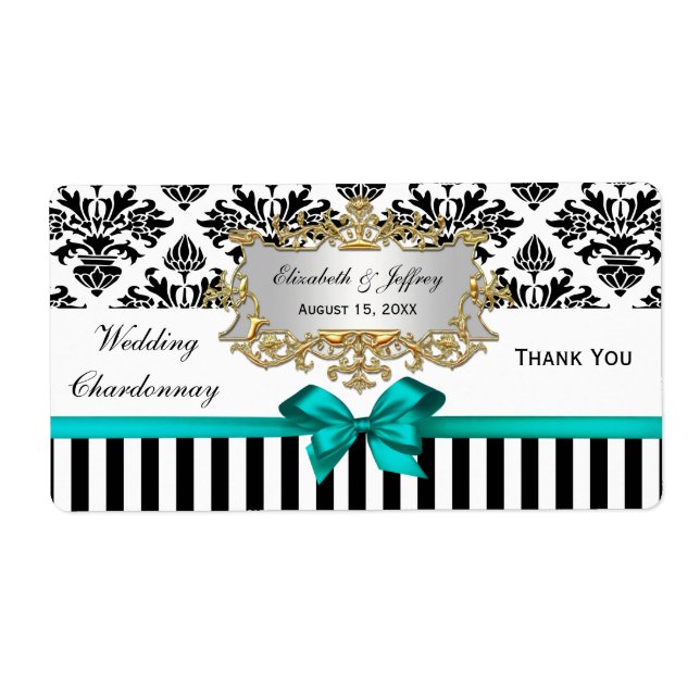 Black White Stripe Damask Teal Party Wine Label (Front)