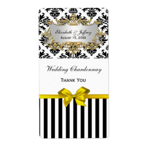 Black White Stripe Damask Yellow Party Wine Label