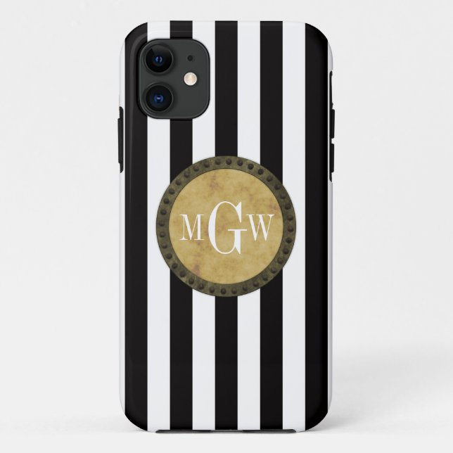 Black White Stripe Distressed Steampunk 3 Monogram Case-Mate iPhone Case (Back)