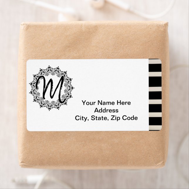 Black & White Stripe Floral Monogram Labels (Insitu)