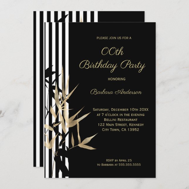 Black White Stripe Gold Bamboo leaf Birthday Invitation (Front/Back)
