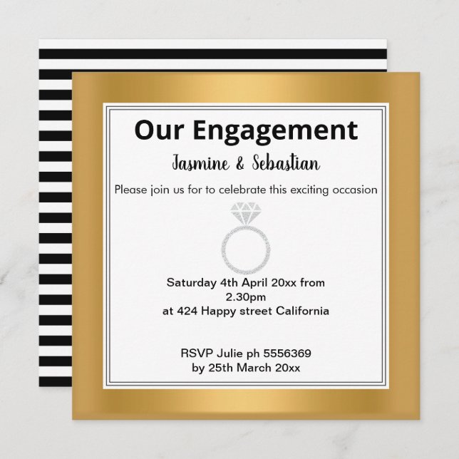 Black & White Stripe Gold Diamond Ring Engagement Invitation (Front/Back)