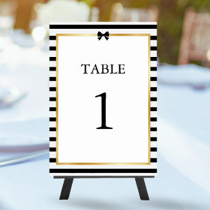 Black White Stripe Gold Frame Elegant Wedding Table Number