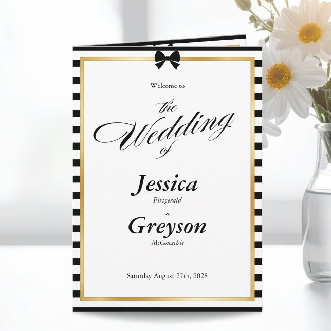 Black White Stripe Gold Frame Wedding Folded Programme (Creator Uploaded)