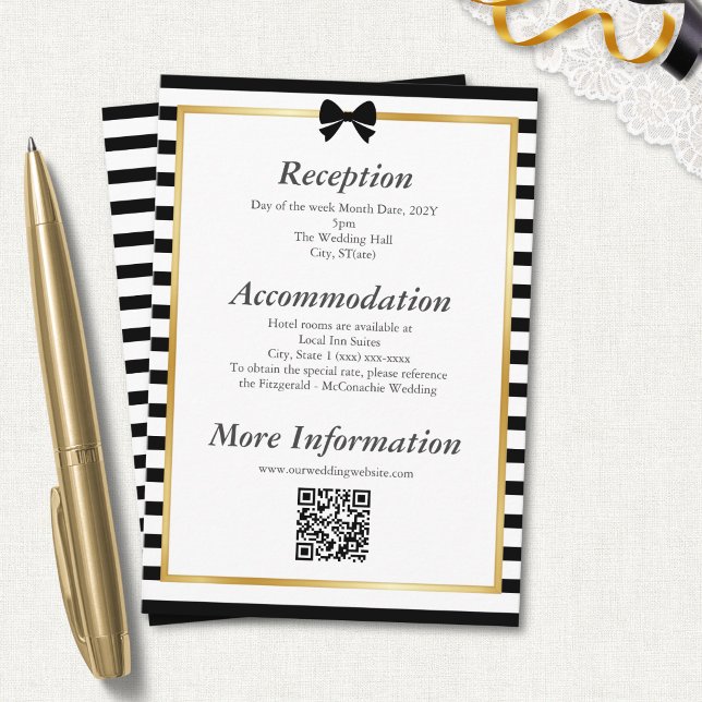 Black White Stripe Gold Frame Wedding QR Code Enclosure Card (Creator Uploaded)