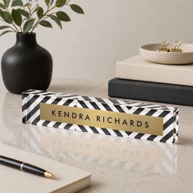 Black White Stripe Gold Minimalist Modern Nameplate (Creator Uploaded)