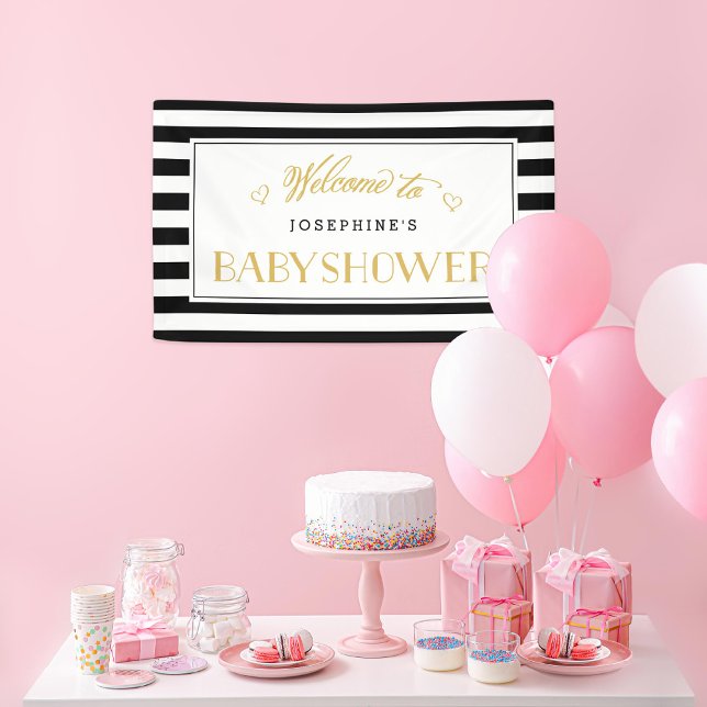 Black White Stripe Gold Mum to Be | Baby Shower Banner (Creator Uploaded)