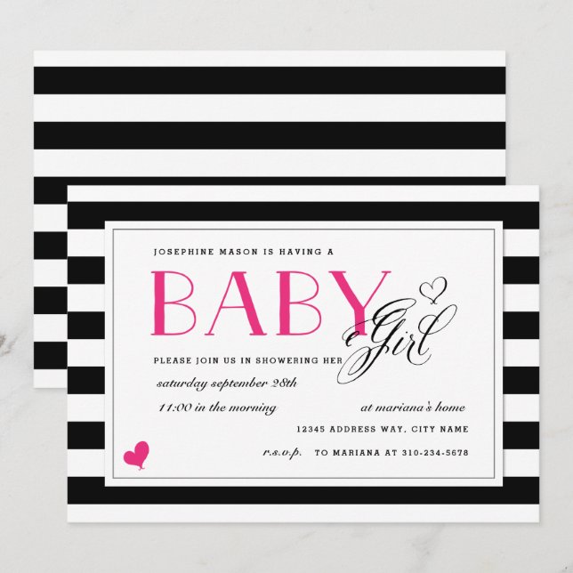 Black & White Stripe Hot Pink Girl Baby Shower Invitation (Front/Back)