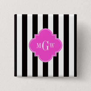 Black White Stripe Hot Pink Quatrefoil 3 Monogram 15 Cm Square Badge