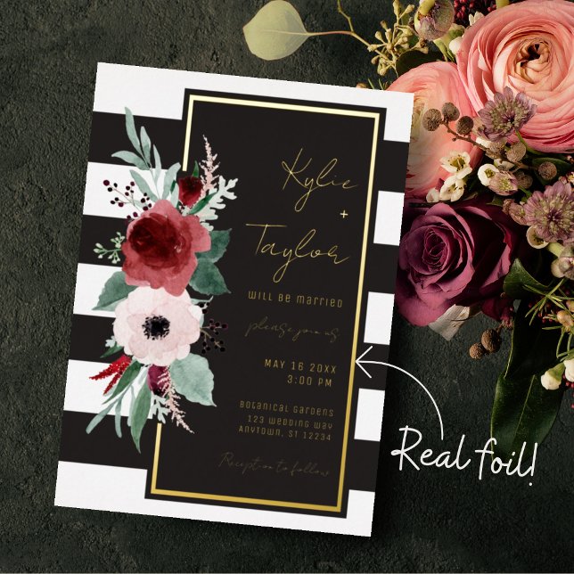 Black & White Stripe Magenta Floral Gold Wedding (Creator Uploaded)