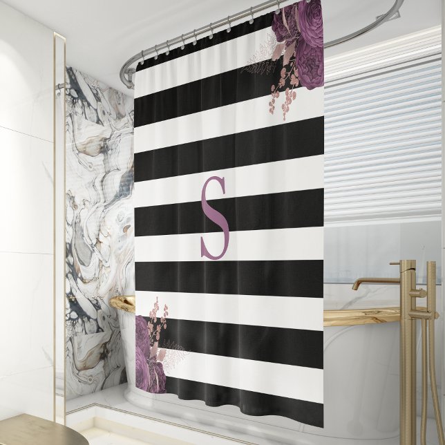 Black White Stripe Mauve Rose Gold Floral Monogram Shower Curtain (Creator Uploaded)