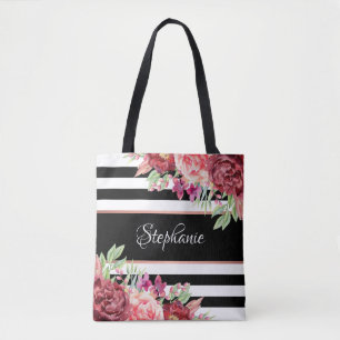 Black White Stripe Modern Floral Personalised Tote Bag