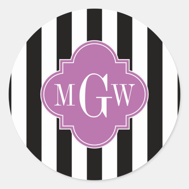 Black White Stripe Orchid Quatrefoil 3 Monogram Classic Round Sticker (Front)