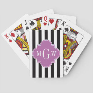 Black White Stripe Orchid Quatrefoil 3 Monogram Playing Cards