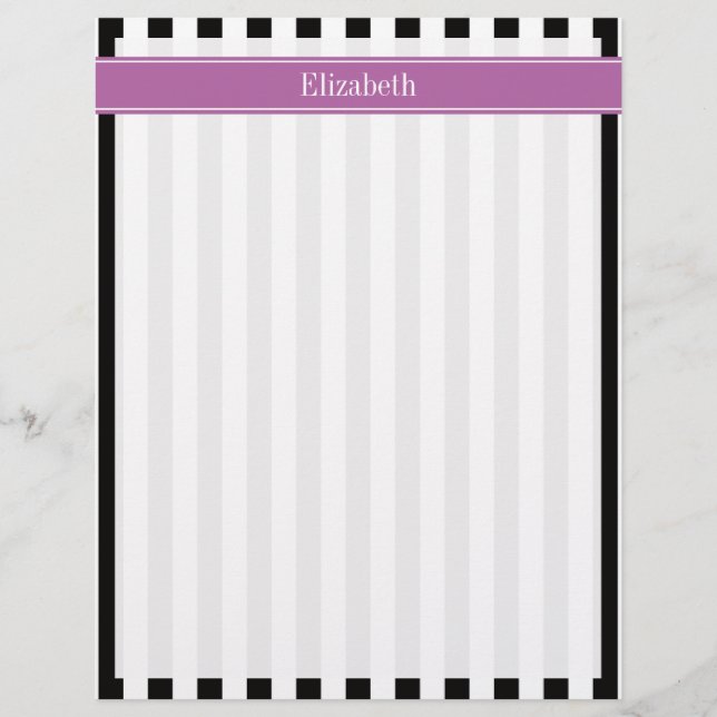 Black White Stripe Orchid Ribbon Name Monogram (Front)